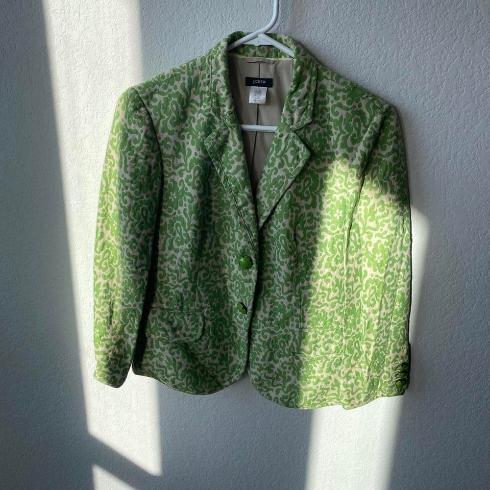 J Crew Womens Linen Damask Print Preppy Garden Party Blazer Size 6 Green Cream